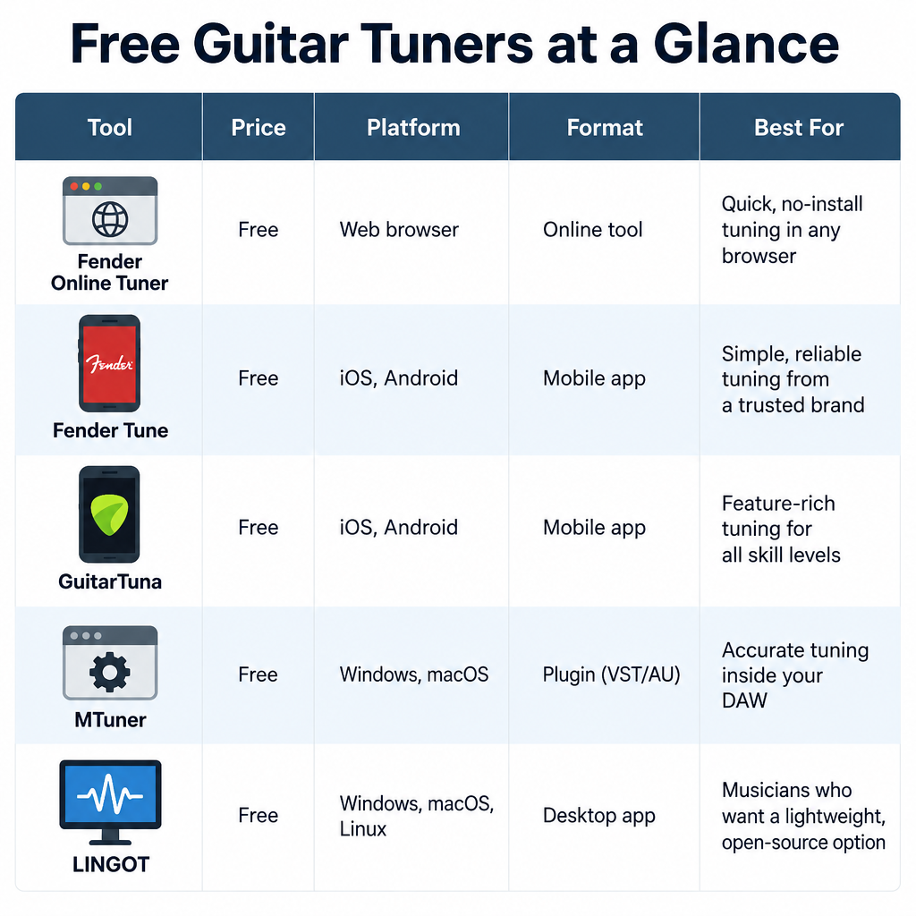 Free Guitar Tuners Comparison Table