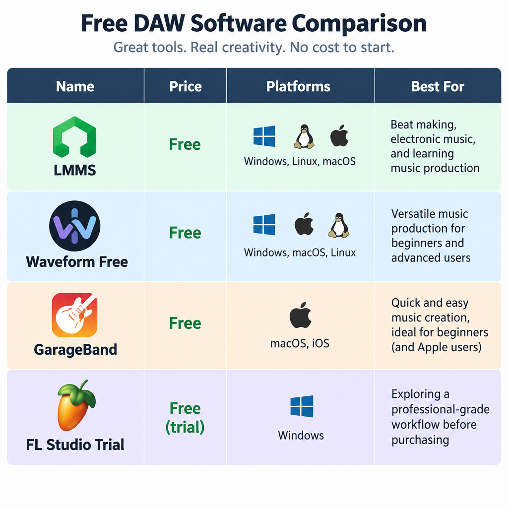 Free DAW Comparison Chart
