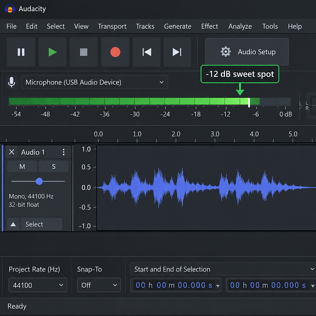 Audacity Interface with Input Level Meter