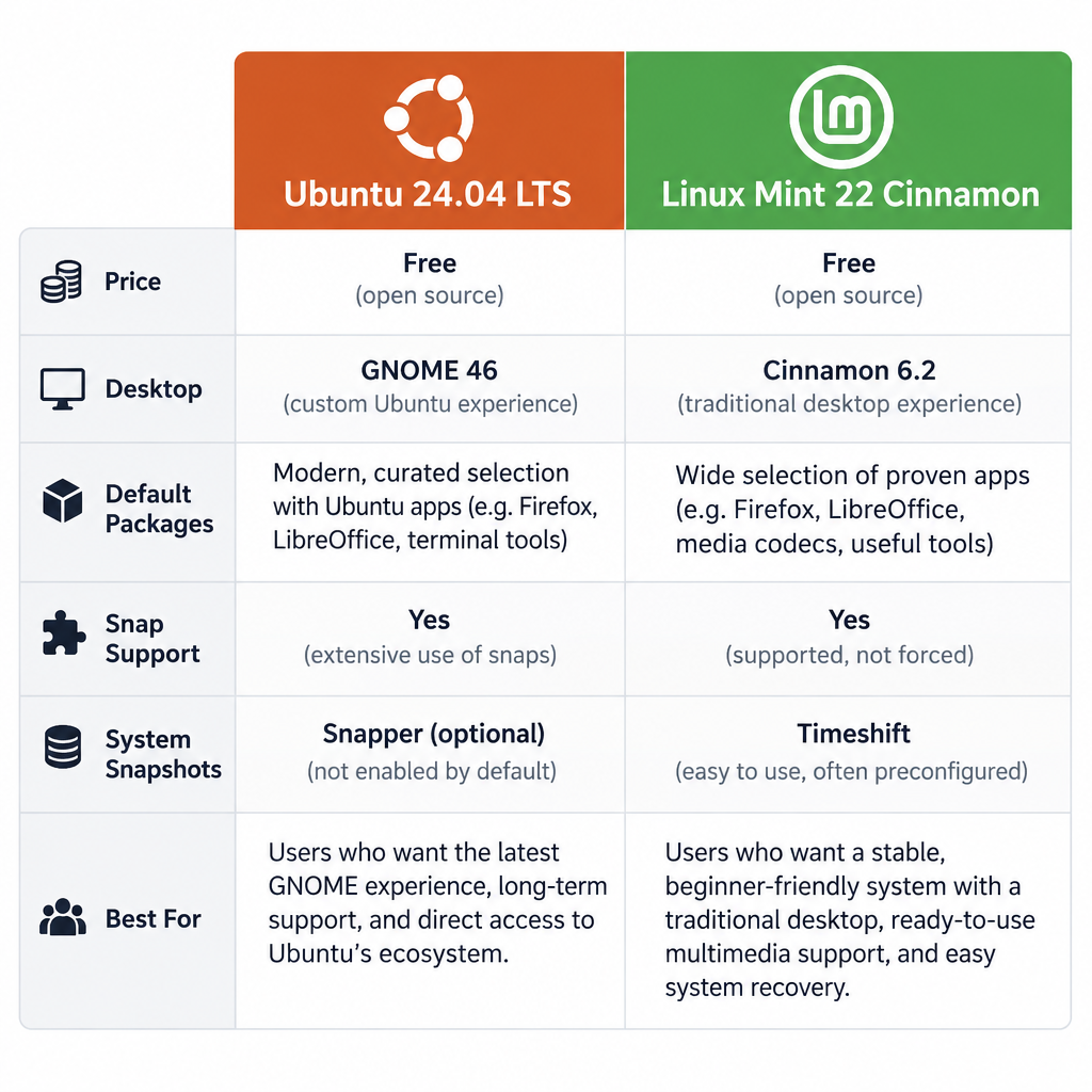 Comparison Table: Ubuntu vs Mint Key Specs