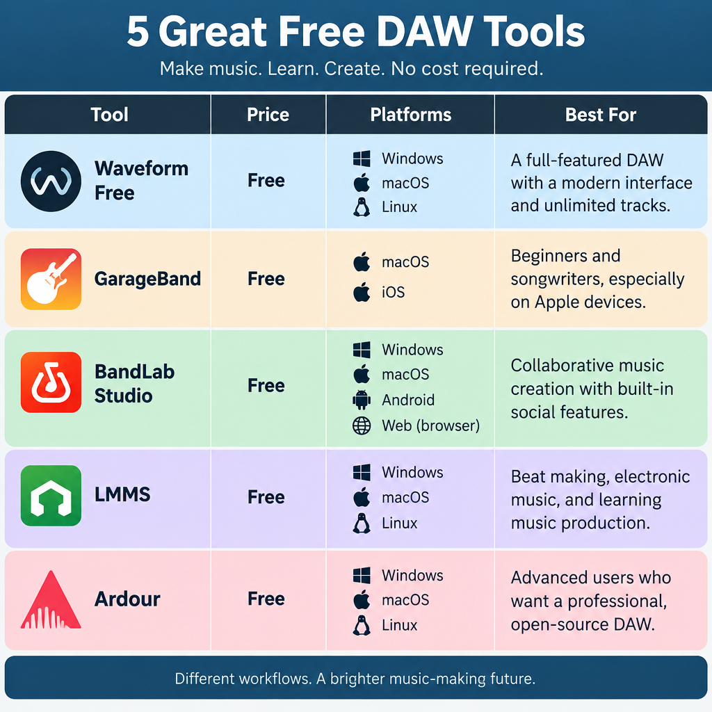 Free DAWs Comparison Chart